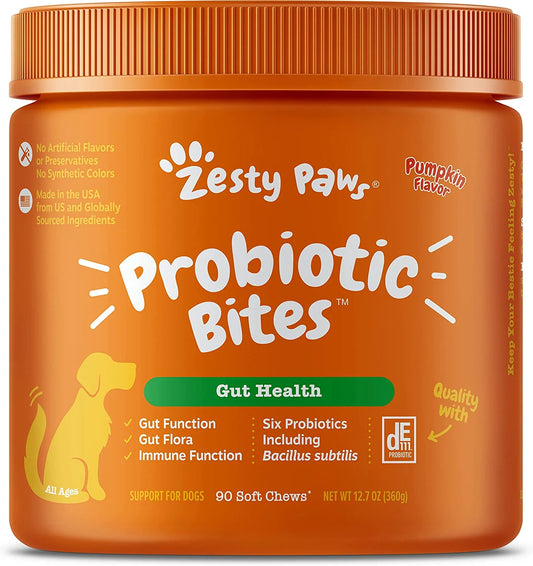 Zesty Paws Probiotic Bites Gut Health Soft Chews for Dogs Pumpkin - 90 Soft Pack of 3