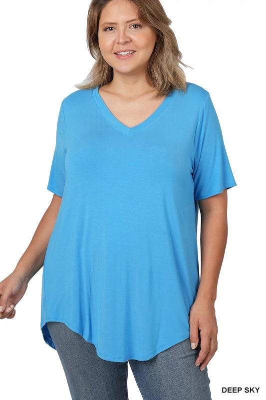 Zenana Women & Plus Luxe Rayon Short Sleeve V-Neck Hi-Low Hem Casual Tee-Shirt Top