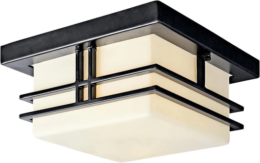 ZHANHAO Tremillo 11.5" Outdoor Semi Flush Light in Black, 2-Light Exterior Ceiling Light with Satin Etched Cased Opal Glass, (11.5" W x 6.5" H), 49206BK
