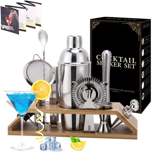 ZeeDix Bartender Kit 15-Piece Cocktail Shaker Set Stainless Steel Bar Tools Drink Shaker Bartending Accessories with Bamboo Stand for Bar Home Holiday Party