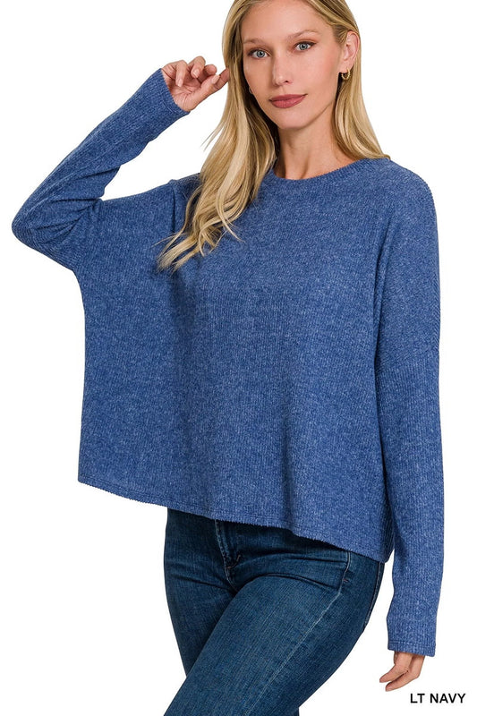 Zenana Women's Ribbed Knit Dolman Sleeve Light Loose Fit Pullover Sweater
