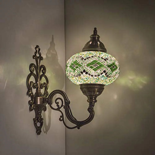 (31 Models) Handmade Wall Lamp Mosaic Shade, 2019 Stunning 16.5" Height - 7" Globe, Turkish Moroccan Glass Lantern Arabian Bedside Home Decoration Light Bronze (Emerald)