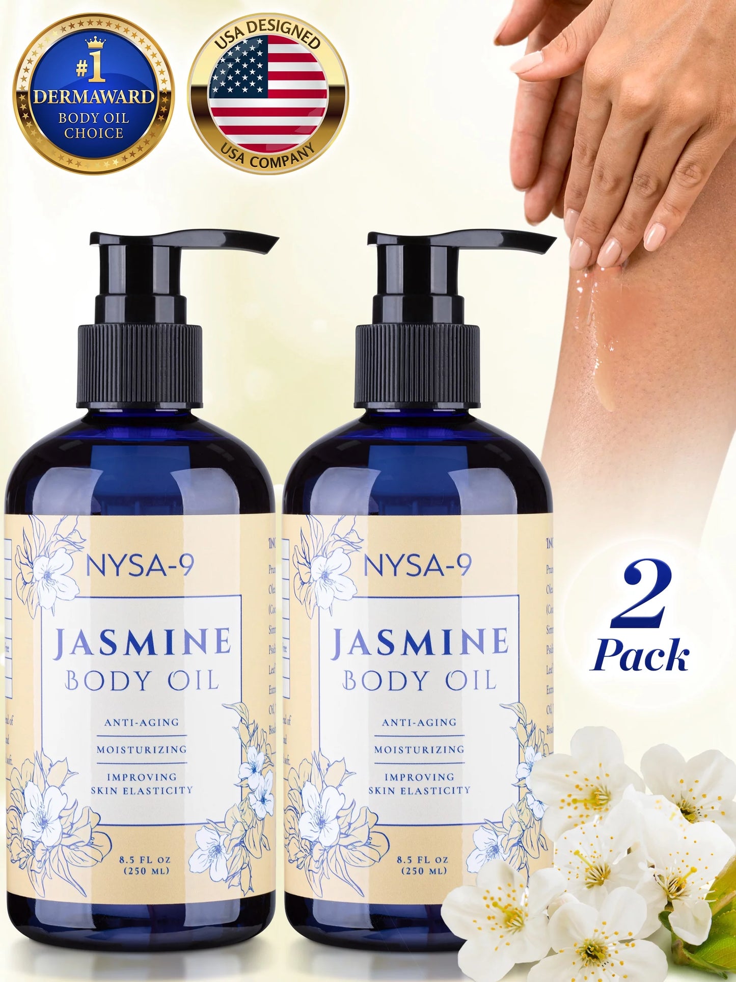 (2 Pack) Jasmine Body Oil for Scars & Stretch Marks Women Skin Smoothing & Softening with Squalene and Retinol, 8.5 oz/250ml by Nysa-9